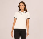 Short Sleeve Scalloped Trim Polo Sweater In Cream Black 4