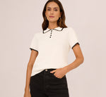 Short Sleeve Scalloped Trim Polo Sweater In Cream Black 2