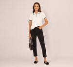 Short Sleeve Scalloped Trim Polo Sweater In Cream Black 3