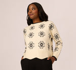 Floral Cable Knit Pullover Sweater In Cream Black 2