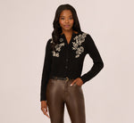 Floral Embroidered Cardigan Sweater In Black Cream 4