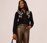 Floral Embroidered Cardigan Sweater In Black Cream 2
