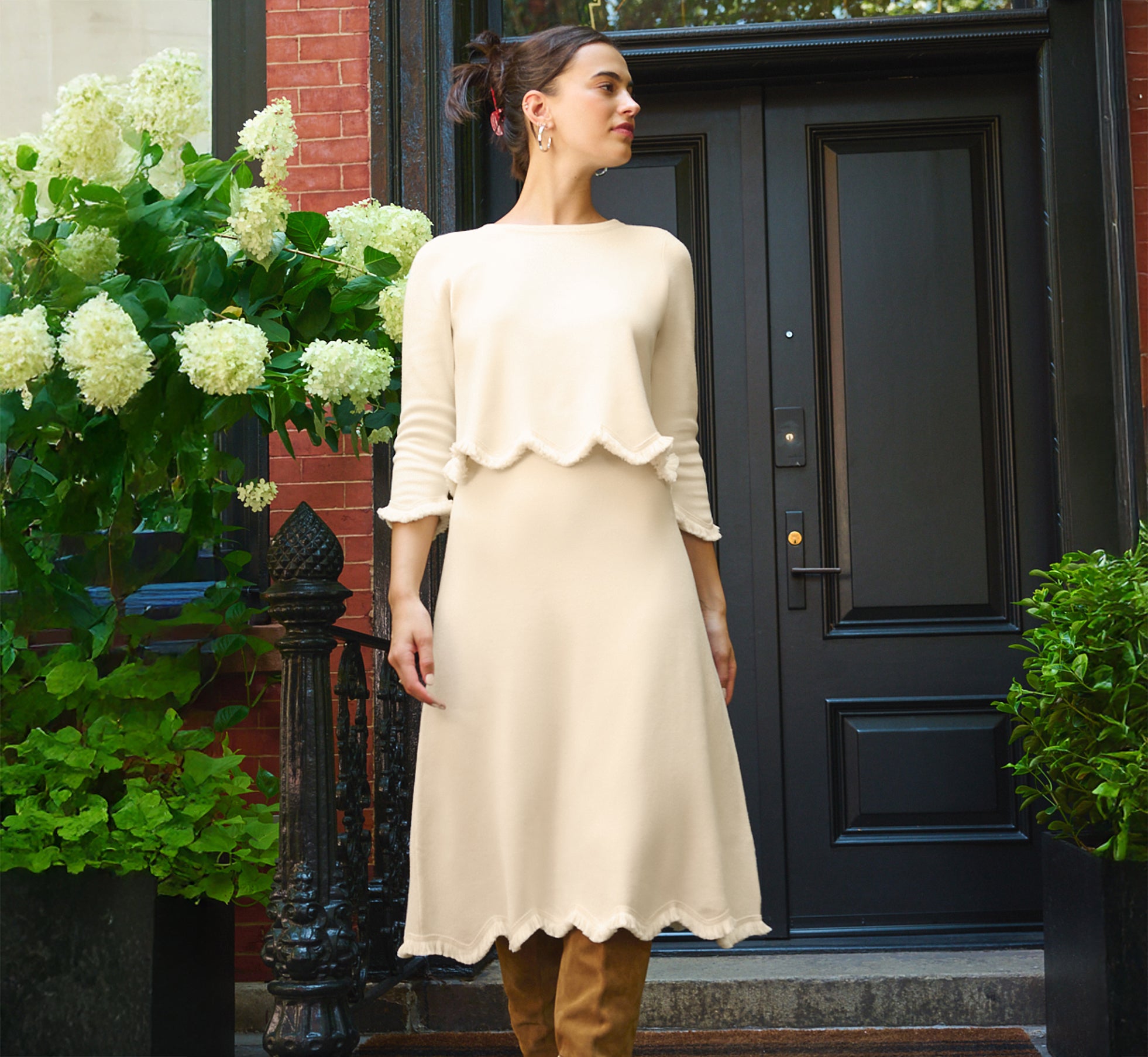 Sweater Knit Scalloped A Line Midi Skirt In Cream 1