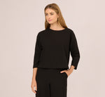 Three Quarter Sleeve Drop Shoulder Rib Knit Top In Black 4