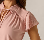Flutter Sleeve Tie Collar Yoke Top In Rose Dust 4