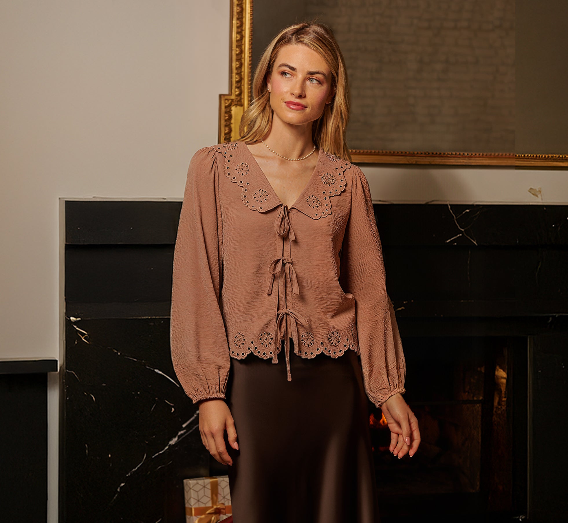 Long Sleeve Embroidered Eyelet Top In Acorn 1