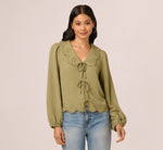 Long Sleeve Embroidered Eyelet Top In Matcha Green 3