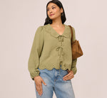 Long Sleeve Embroidered Eyelet Top In Matcha Green 1
