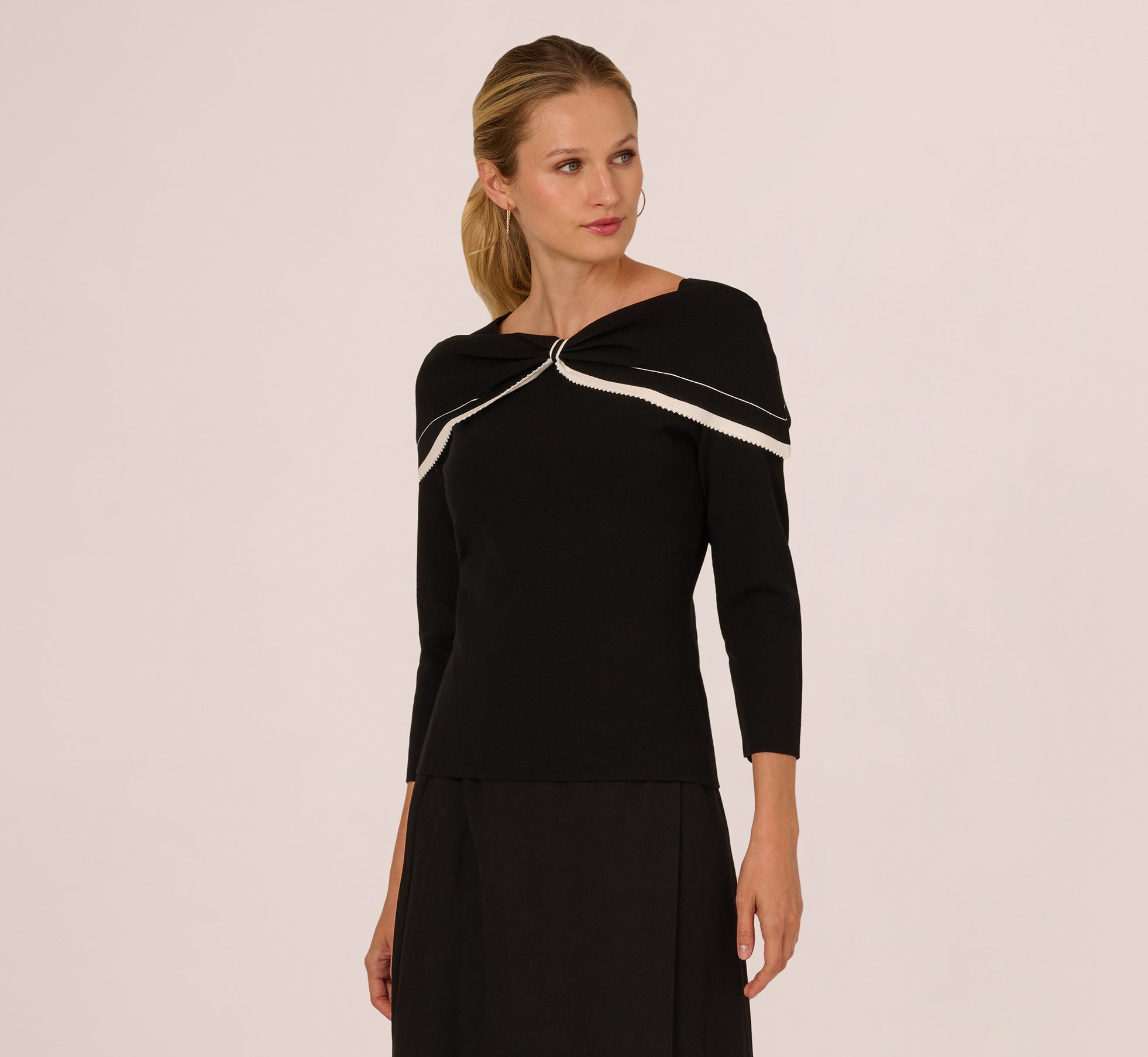 adrianna papell women's off-the-shoulder bow-sleeve dress Off Shoulder Bow Collar Sweater In Black Ivory