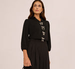 Three Quarter Sleeve Pearly Bow Blouse In Black 2