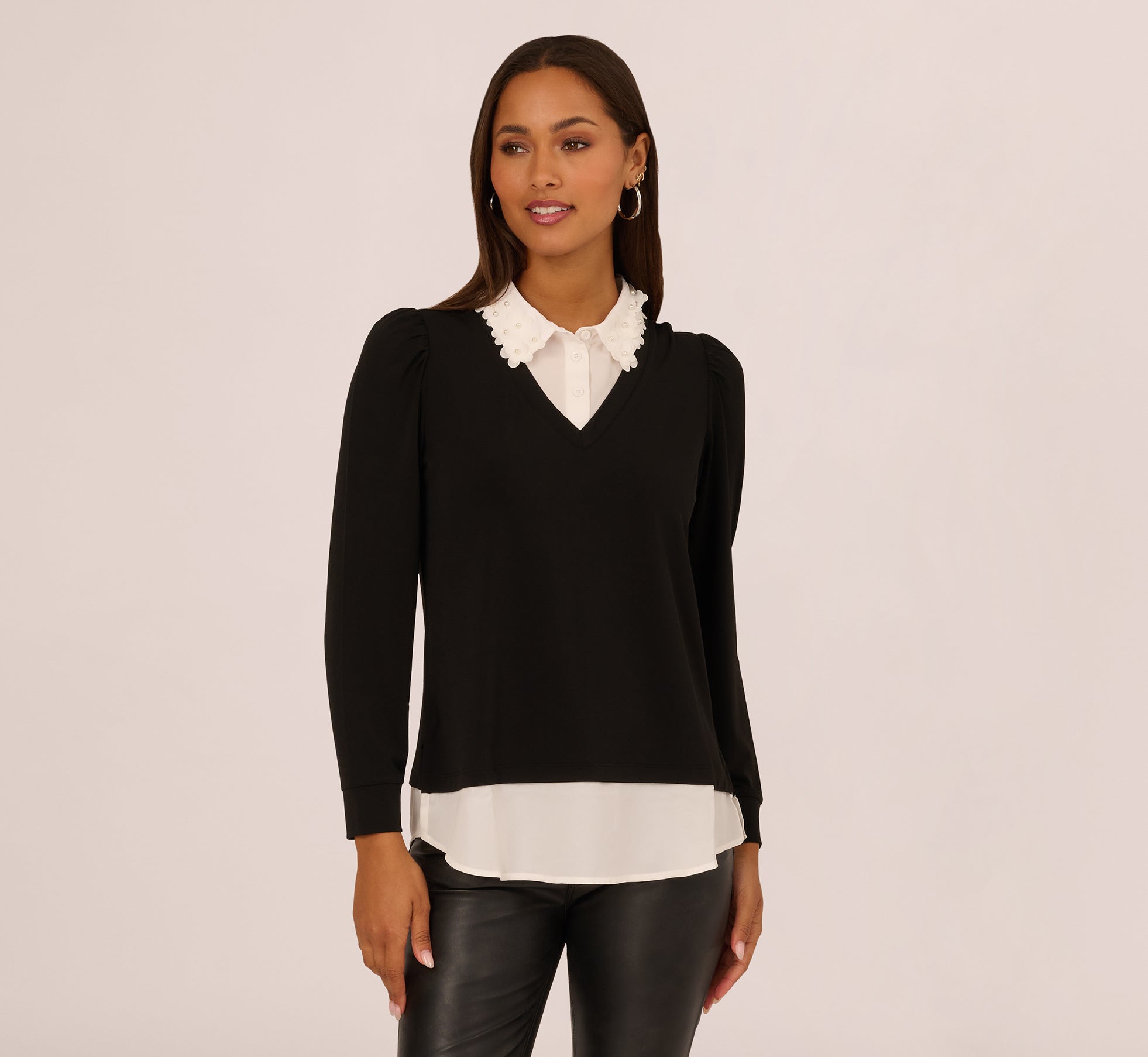 Black Long Sleeve Petal Collar Twofer Sweater - Adrianna Papell