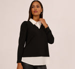 Long Sleeve Petal Collar Twofer Sweater In Black Ivory 1