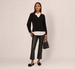 Long Sleeve Petal Collar Twofer Sweater In Black Ivory 2