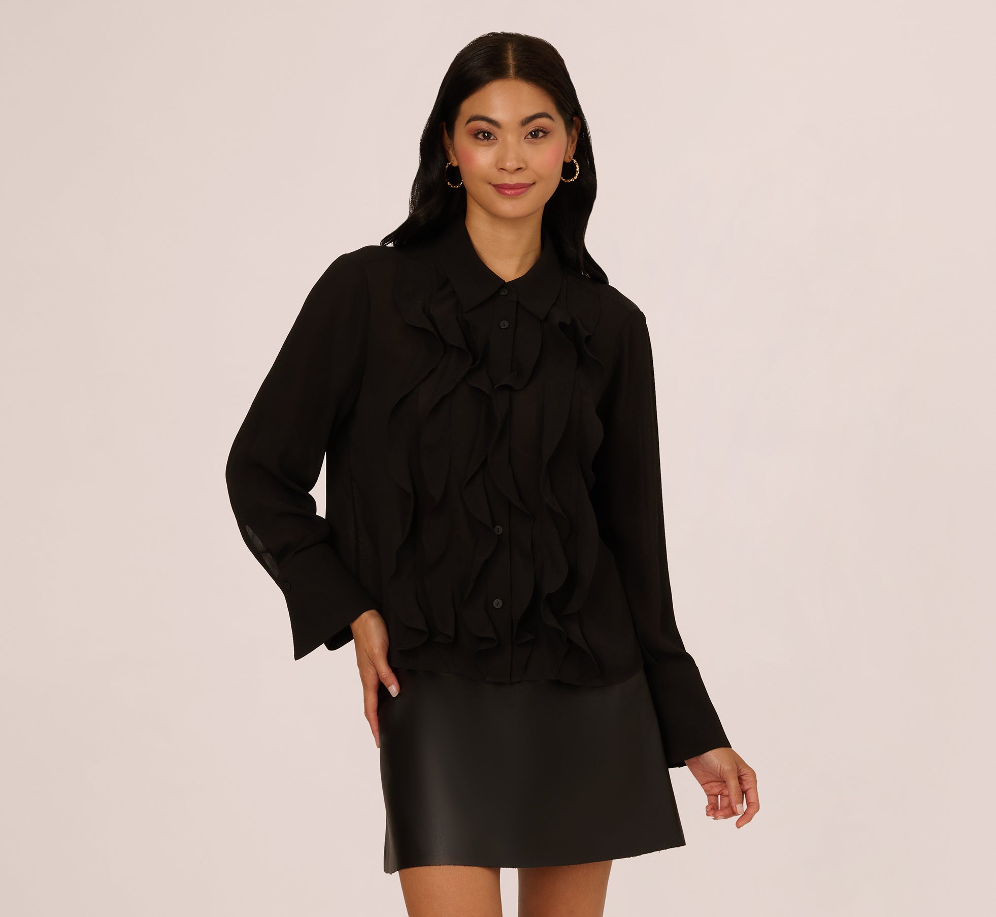Black Long Sleeve Sheer Ruffle Front Blouse - Adrianna Papell