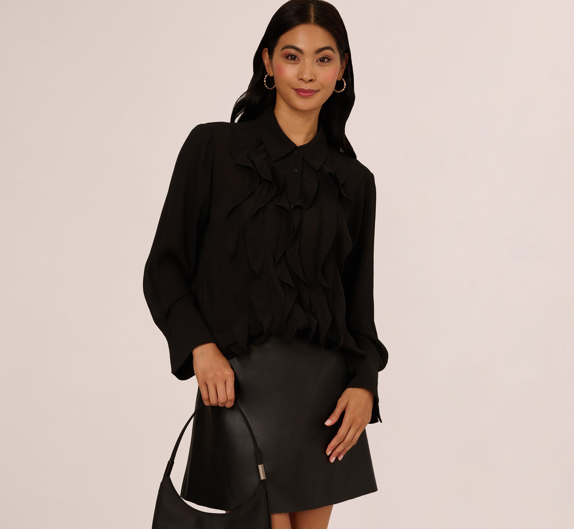 Black Long Sleeve Sheer Ruffle Front Blouse - Adrianna Papell