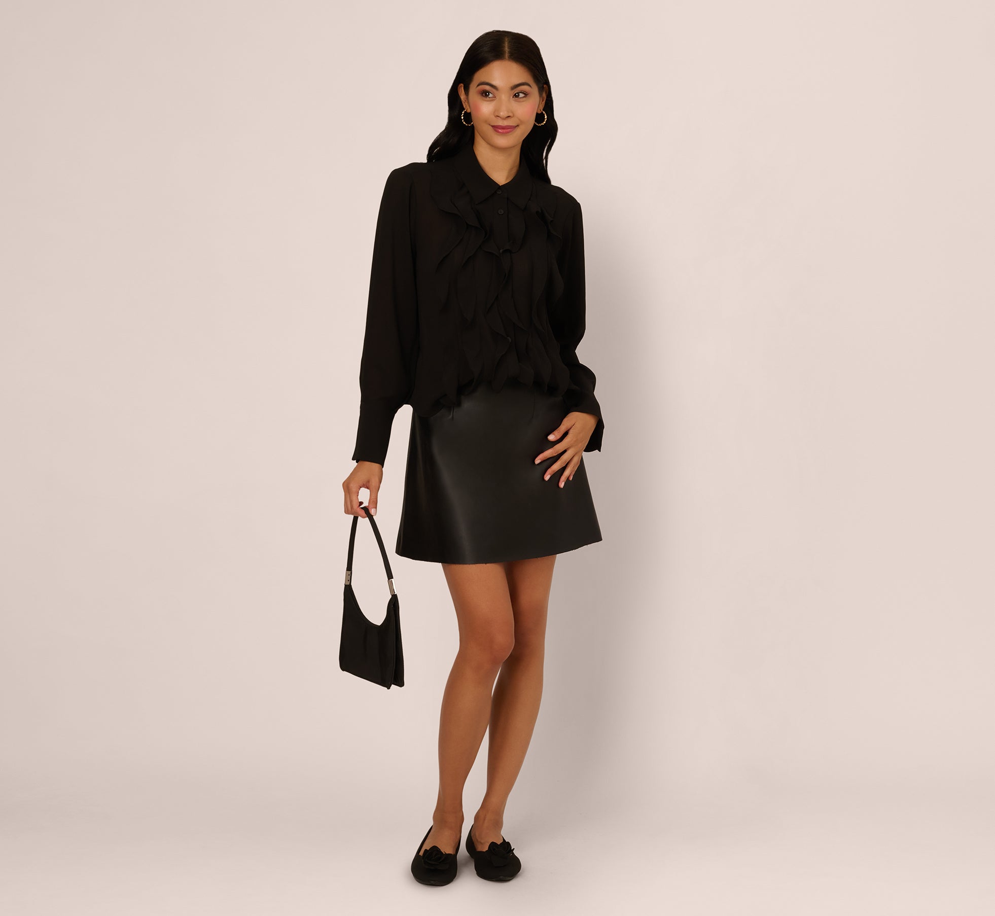 Black Long Sleeve Sheer Ruffle Front Blouse - Adrianna Papell