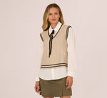 Long Sleeve Tie Neck Sweater Vest Twofer Top In Neutral Black 3