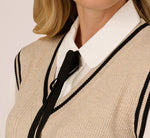 Long Sleeve Tie Neck Sweater Vest Twofer Top In Neutral Black 4