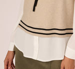 Long Sleeve Tie Neck Sweater Vest Twofer Top In Neutral Black 5
