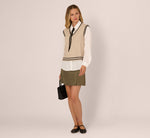 Long Sleeve Tie Neck Sweater Vest Twofer Top In Neutral Black 2