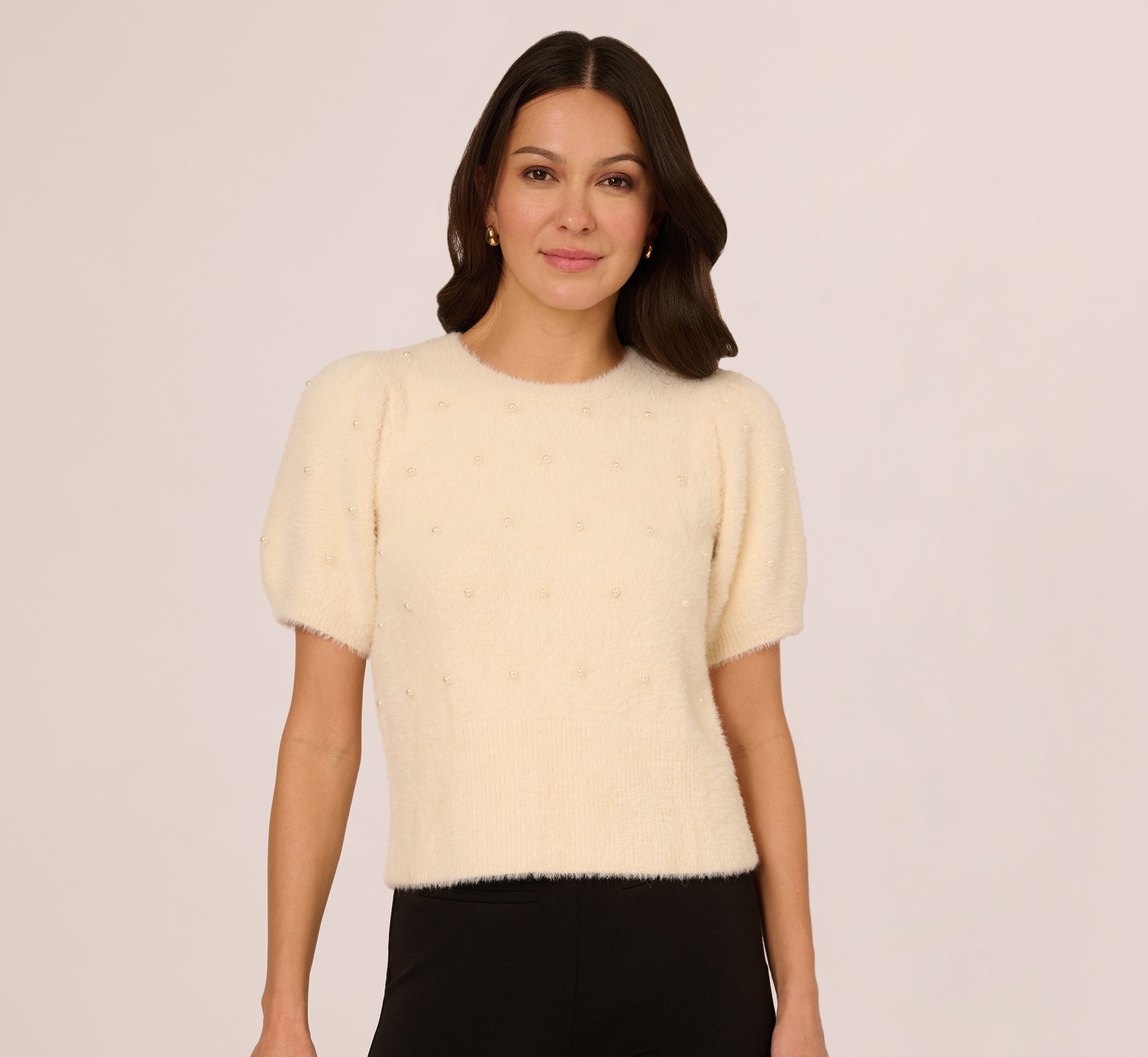 Short Sleeve Pearly Fuzzy Sweater In Cream 1