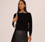 Long Sleeve Pearly Beaded Collar Sweater In Black 2