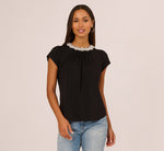 Cap Sleeve Pearly Collar Top In Black 3