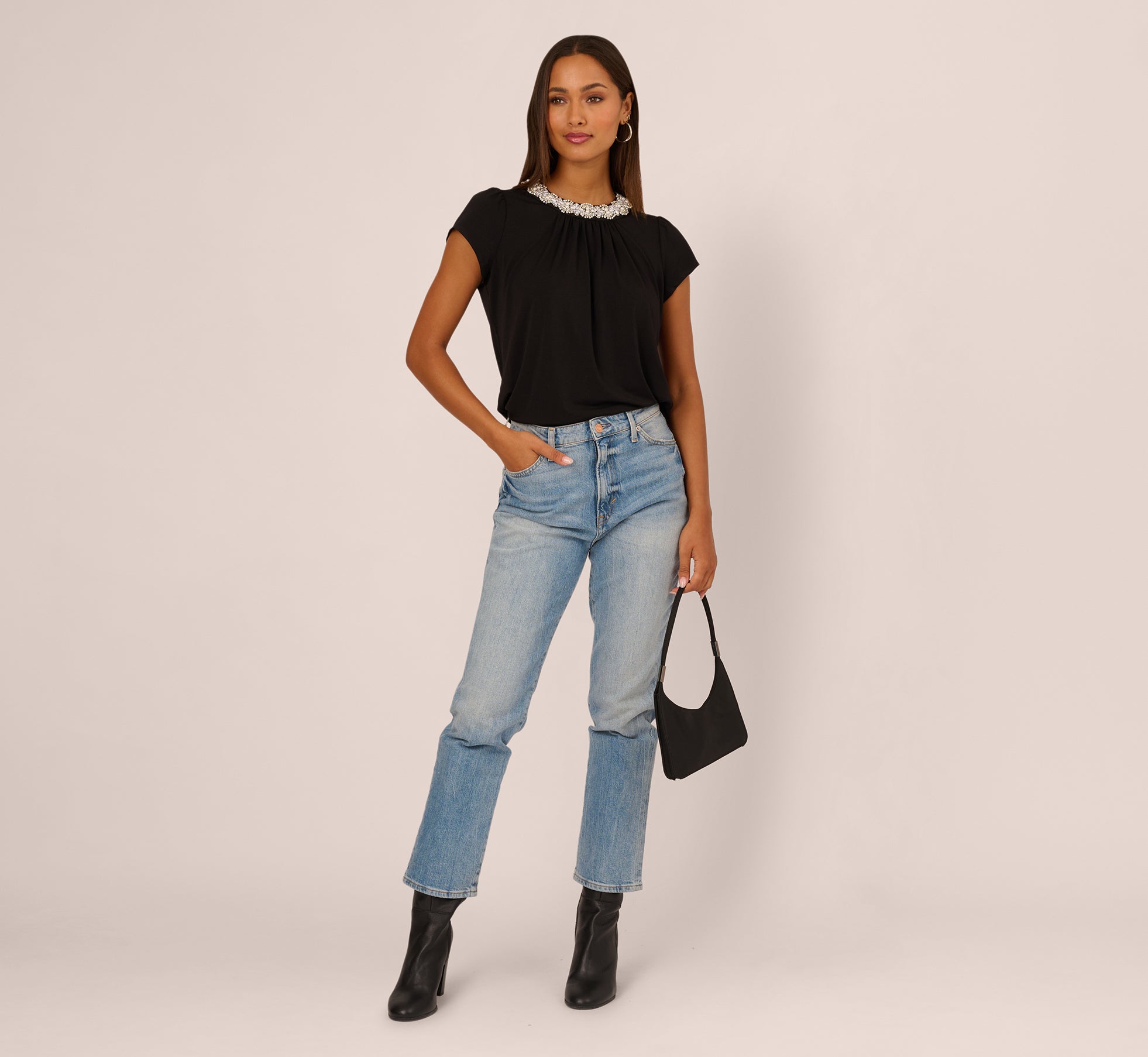 Cap Sleeve Pearly Collar Top In Black - Adrianna Papell
