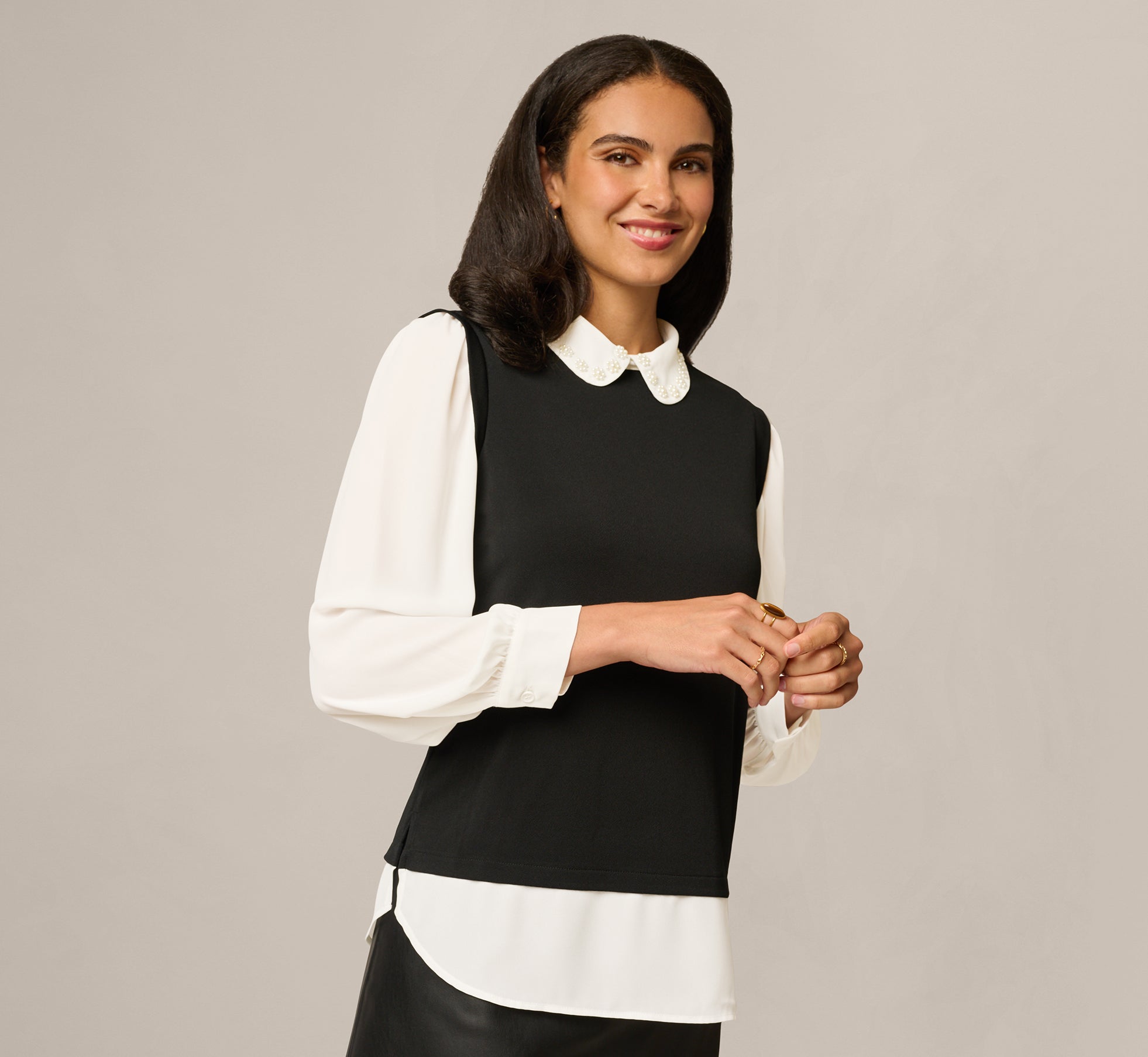 Pearly Collar Sweater Vest Twofer Top In Black Ivory 1