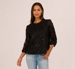 Three Quarter Sleeve Sequin Bead Top In Black 3
