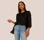 Three Quarter Sleeve Sequin Bead Top In Black 1
