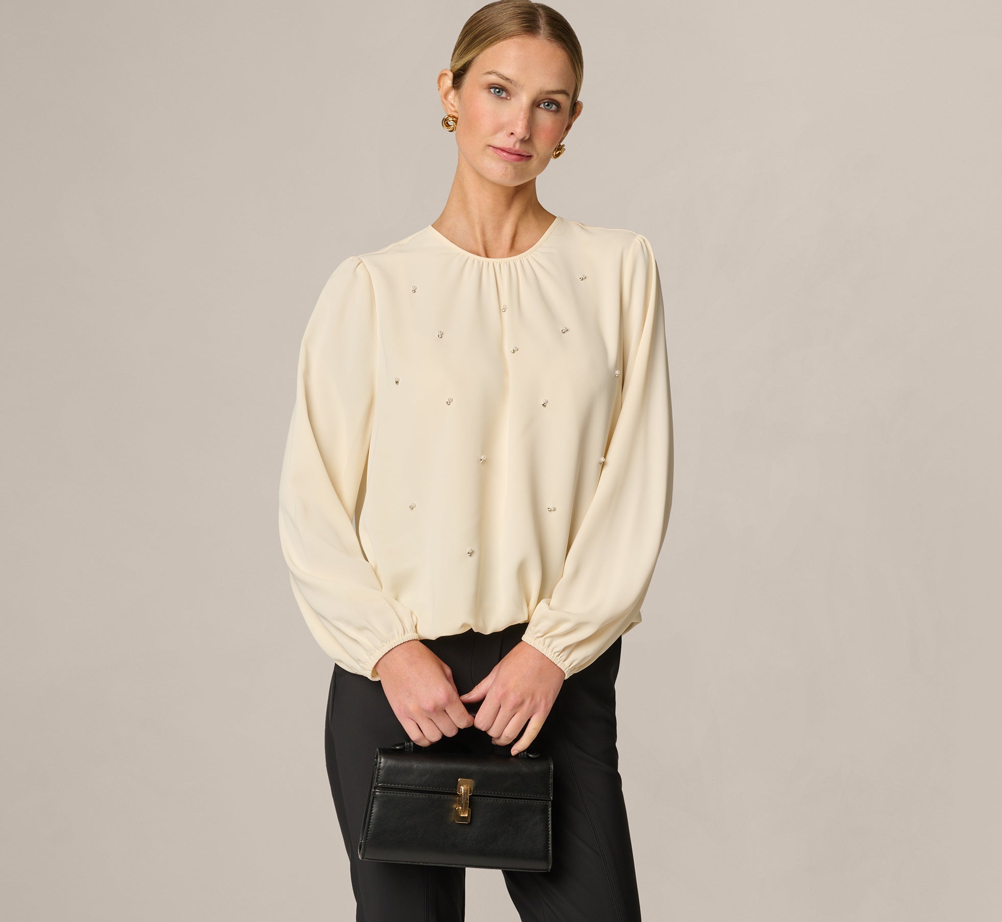 Long Sleeve Pearly Rhinestone Bubble Hem Top In Pastry Cream 1