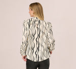 Long Sleeve Tie Neck Blouse In Ivory Black Abstract Brush 6
