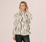 Long Sleeve Tie Neck Blouse In Ivory Black Abstract Brush 3