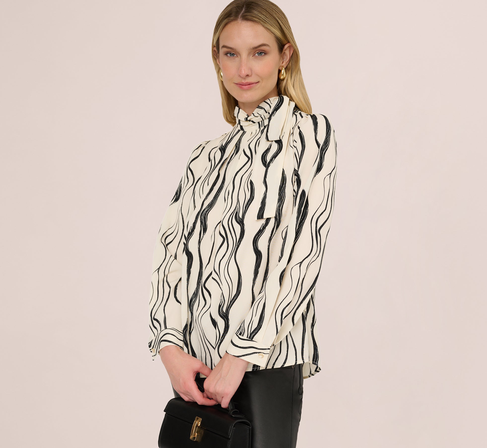 Long Sleeve Tie Neck Blouse In Ivory Black Abstract Brush 1
