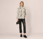 Long Sleeve Tie Neck Blouse In Ivory Black Abstract Brush 2