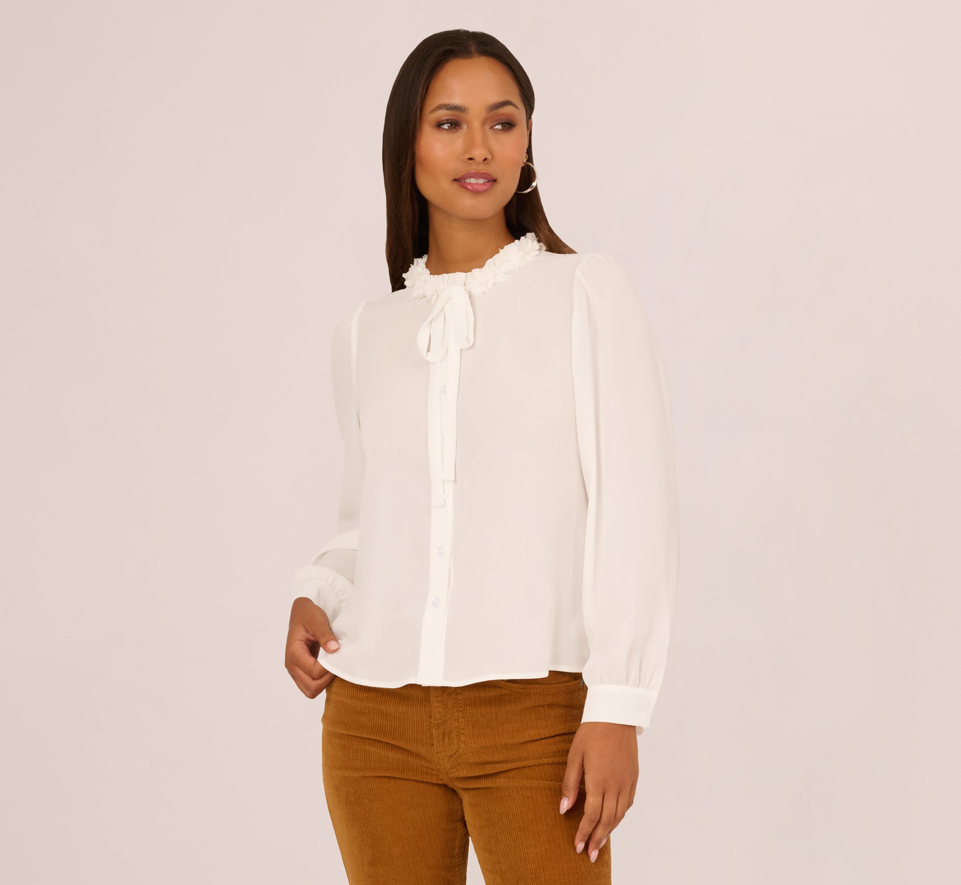 White Long Sleeve Semisheer Floral Collar Blouse - Adrianna Papell