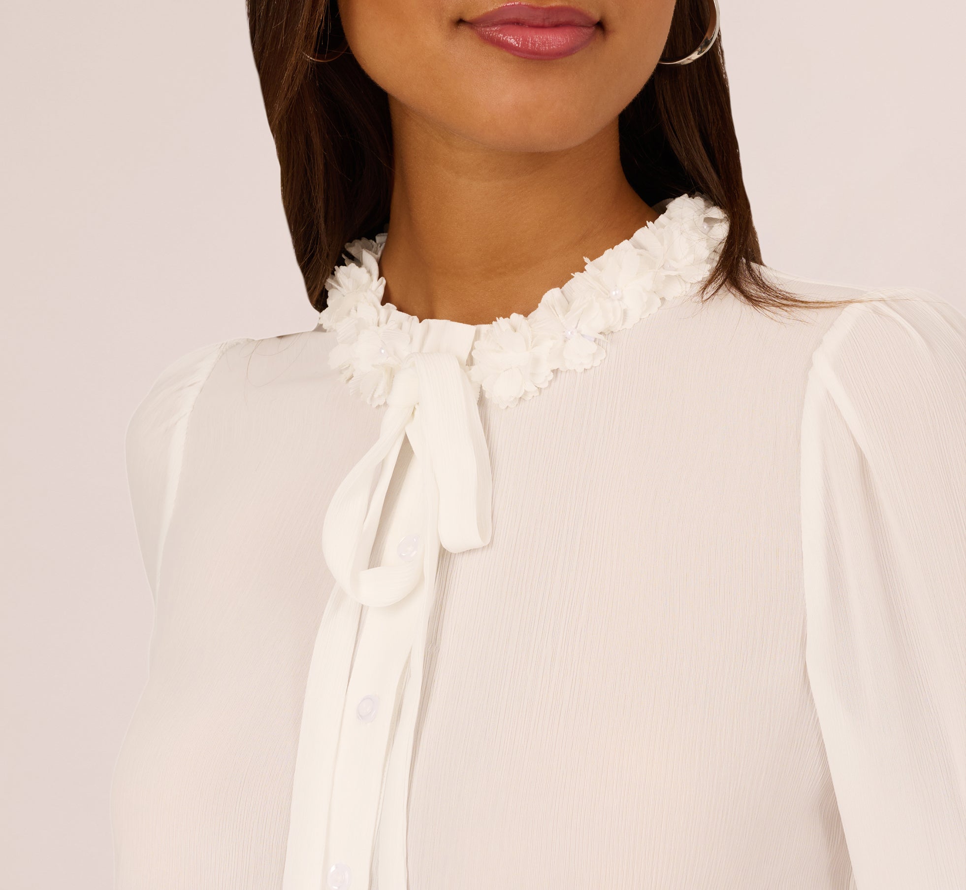 White Long Sleeve Semisheer Floral Collar Blouse - Adrianna Papell