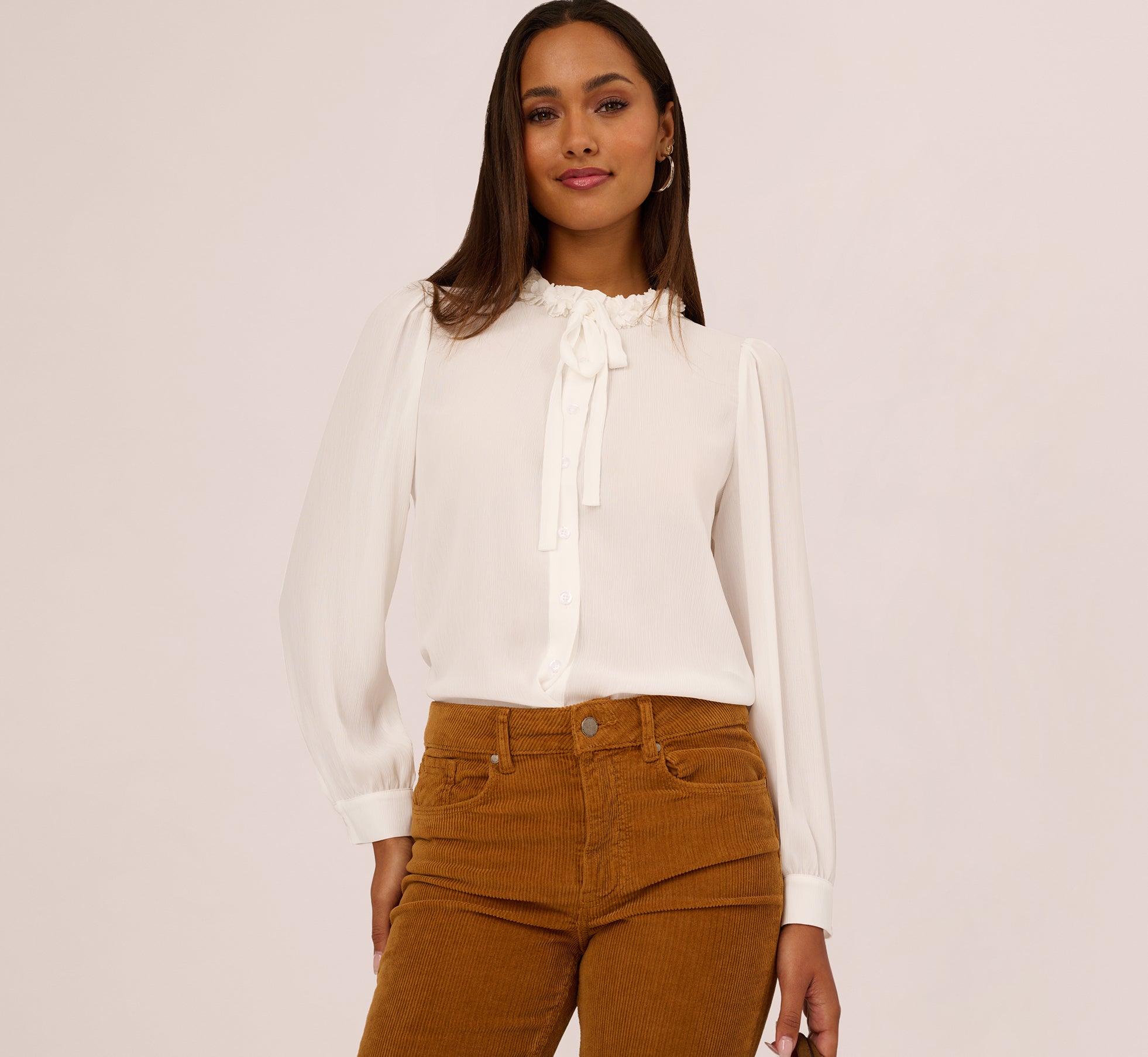 Long Sleeve Semisheer Floral Collar Blouse In Ivory 1