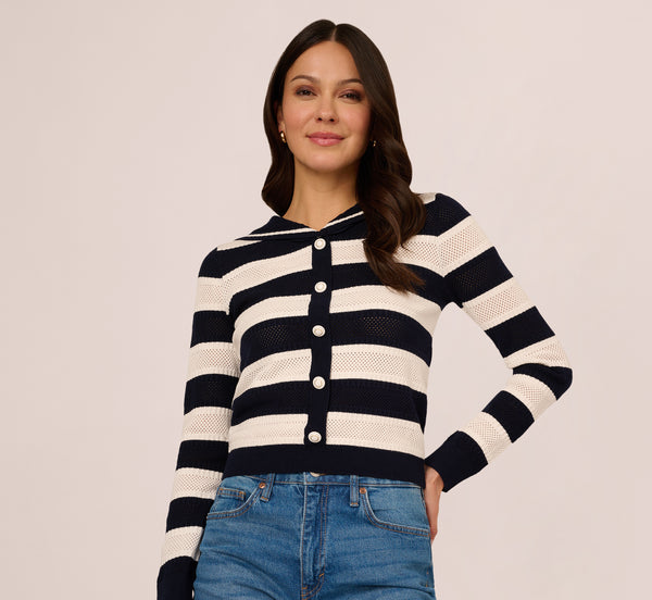 Multi Colored Striped Open Knit Sailor Collar Cardigan - Adrianna