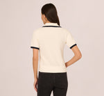 Short Sleeve Collared Cotton Crochet Top In Ivory Blue Moon 6