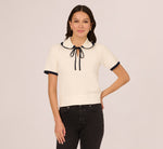 Short Sleeve Collared Cotton Crochet Top In Ivory Blue Moon 3