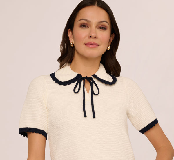 Ivory Short Sleeve Collared Cotton Crochet Top - Adrianna Papell