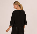 Three Quarter Sleeve Drop Shoulder Tie Waist Top In Black Ivory 6