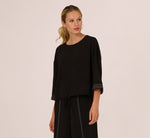 Three Quarter Sleeve Drop Shoulder Tie Waist Top In Black Ivory 3