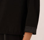 Three Quarter Sleeve Drop Shoulder Tie Waist Top In Black Ivory 4