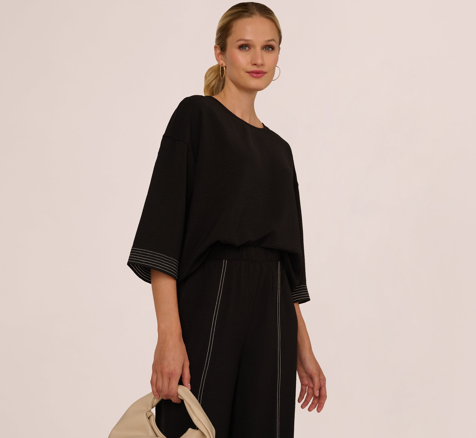 Three Quarter Sleeve Drop Shoulder Tie Waist Top In Black Ivory 1
