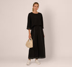 Three Quarter Sleeve Drop Shoulder Tie Waist Top In Black Ivory 2