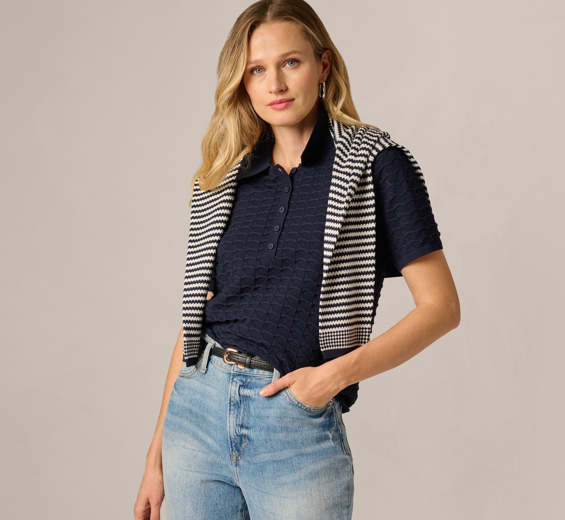 Short Sleeve Open Pointelle Polo Top In Blue Moon 1