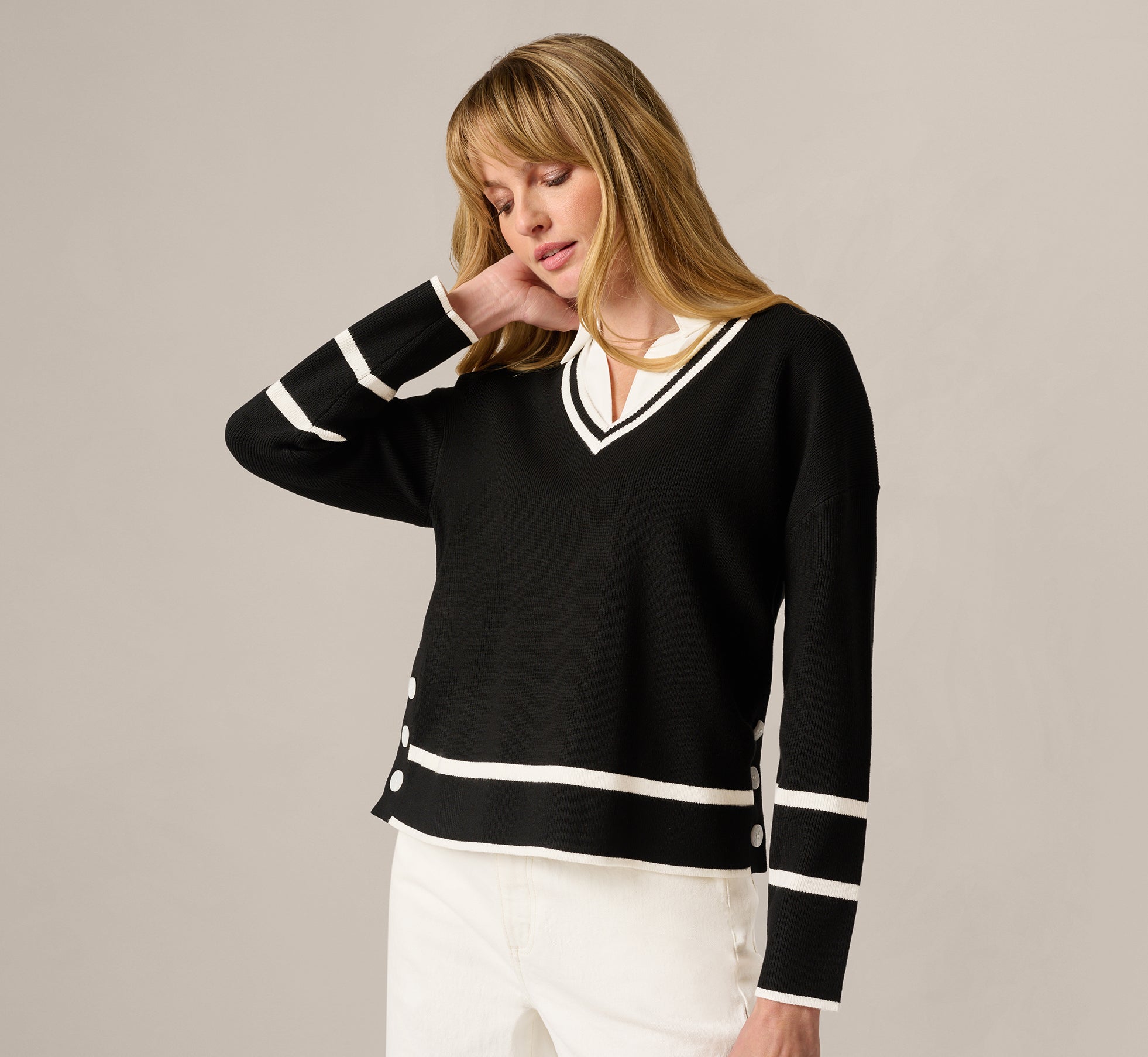 Long Sleeve Drop Shoulder Twofer Sweater In Black Ivory 1